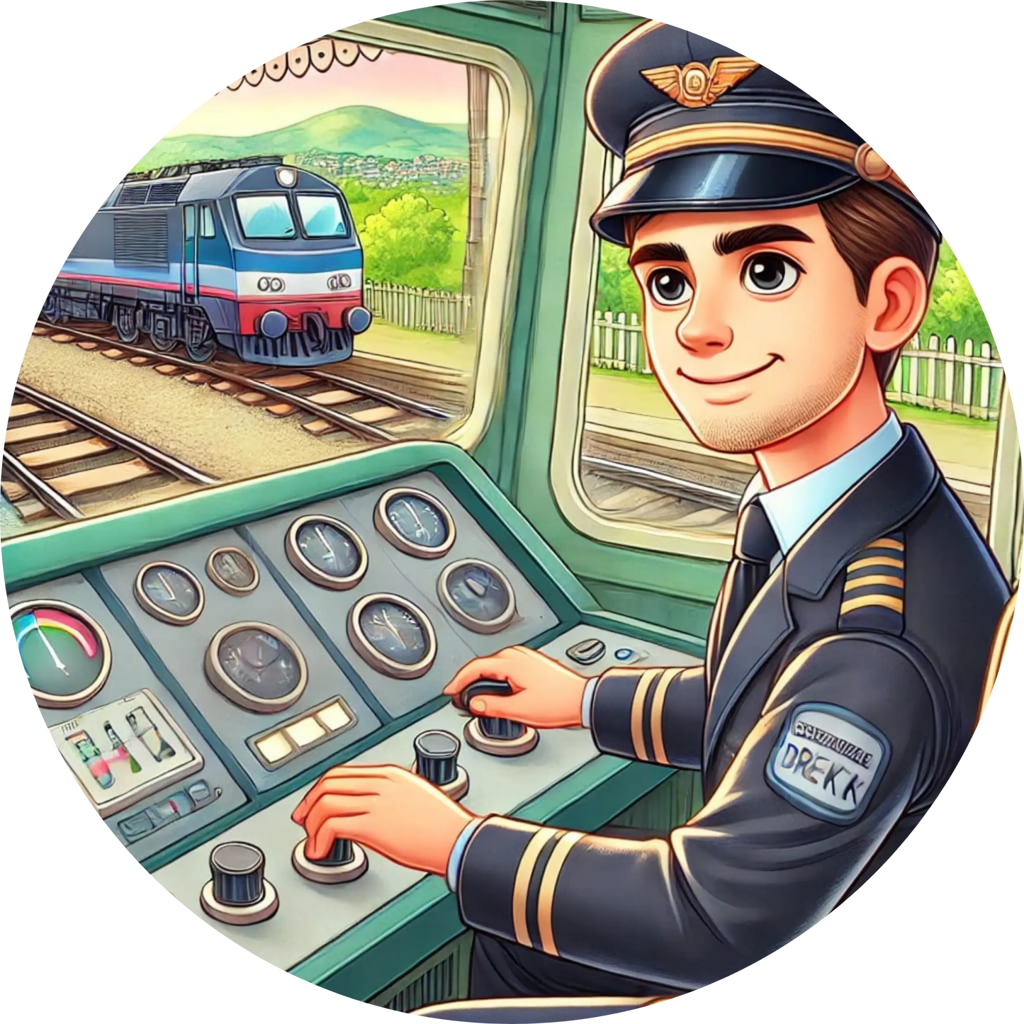 Ein Lokführer sitzt im Steuerraum einer modernen Bahn – realistische Technik-Details im Vordergrund.