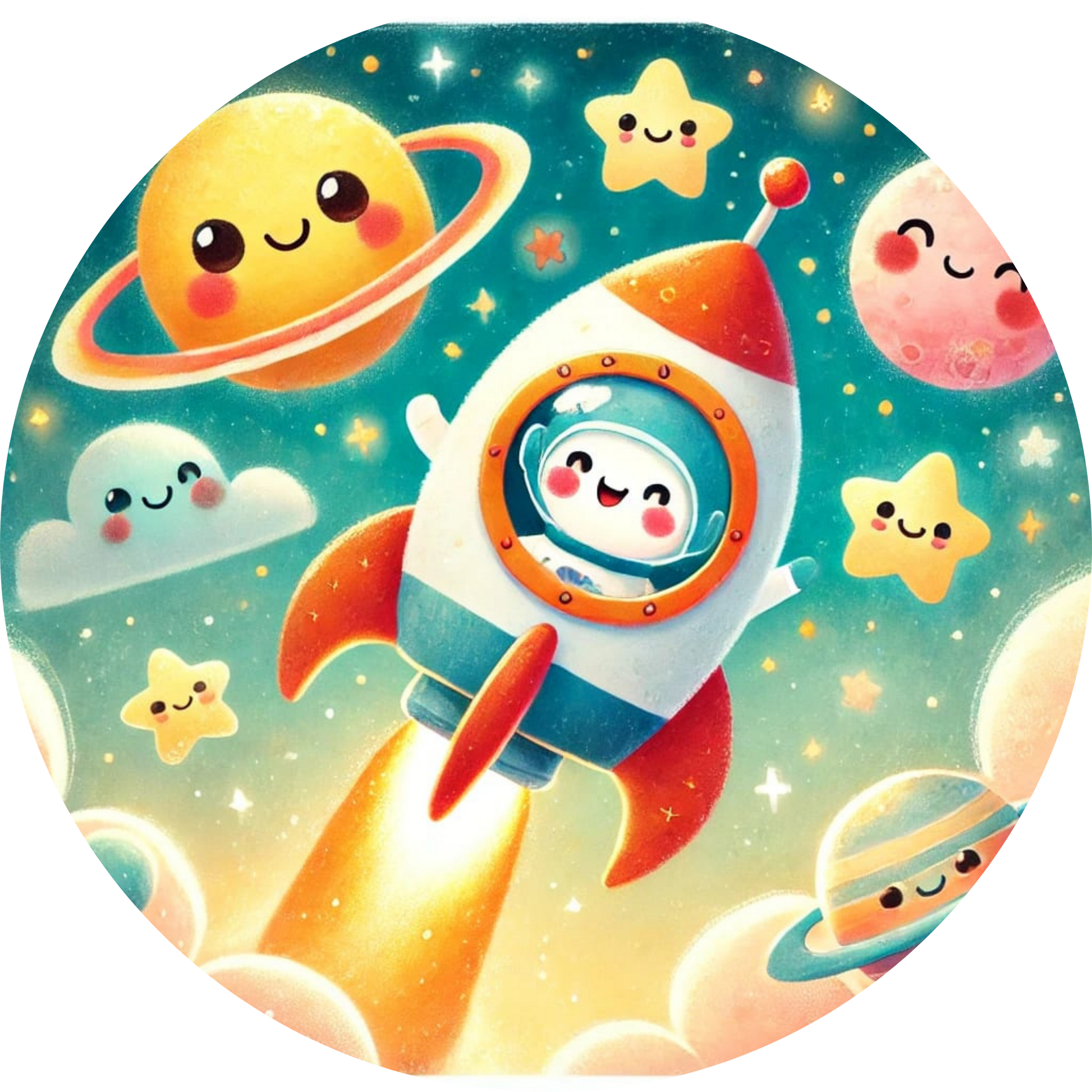 Lustige Planeten mit fröhlichen Gesichtern fliegen durchs All