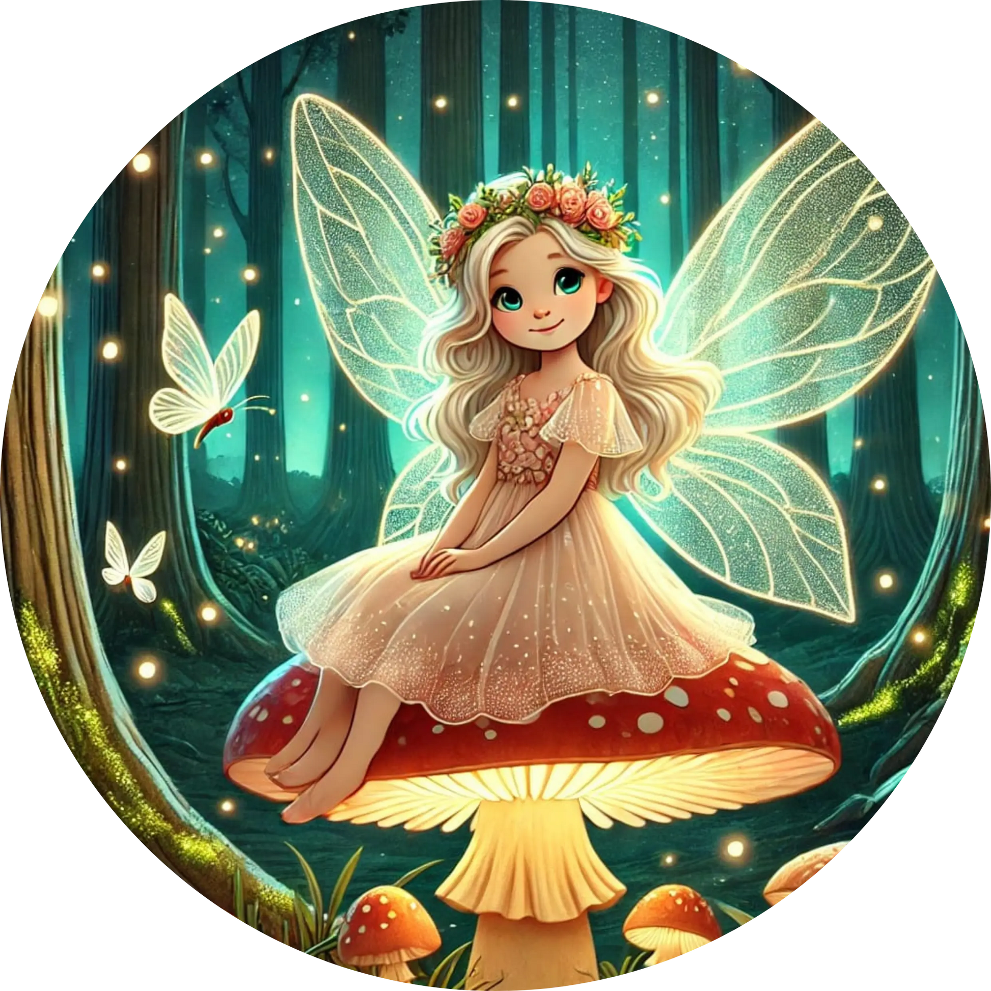 Mädchen auf einem Pilz mit Schmetterlingen um sich herum, märchenhafte Szene
