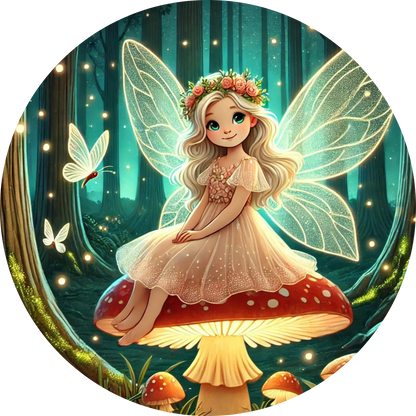 Mädchen auf einem Pilz mit Schmetterlingen um sich herum, märchenhafte Szene
