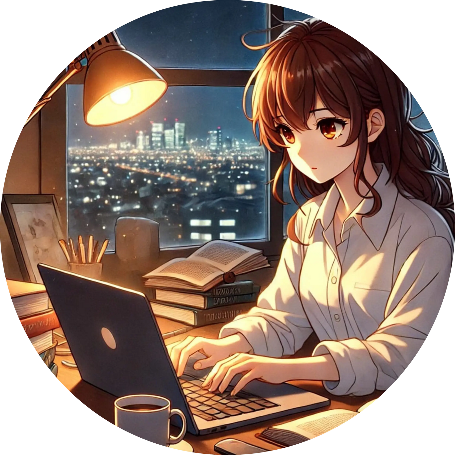 Anime-Mädchen am Laptop bei Nacht, moderne Büroatmosphäre mit Stadtblick
