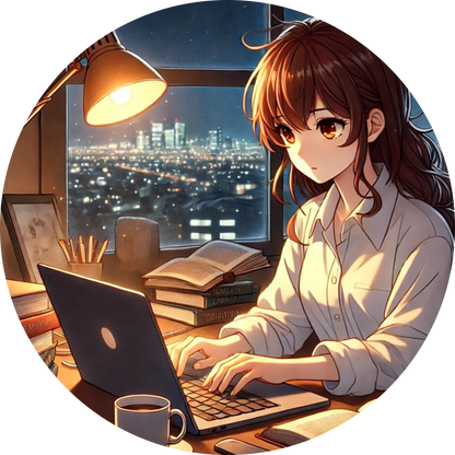 Anime-Mädchen am Laptop bei Nacht, moderne Büroatmosphäre mit Stadtblick
