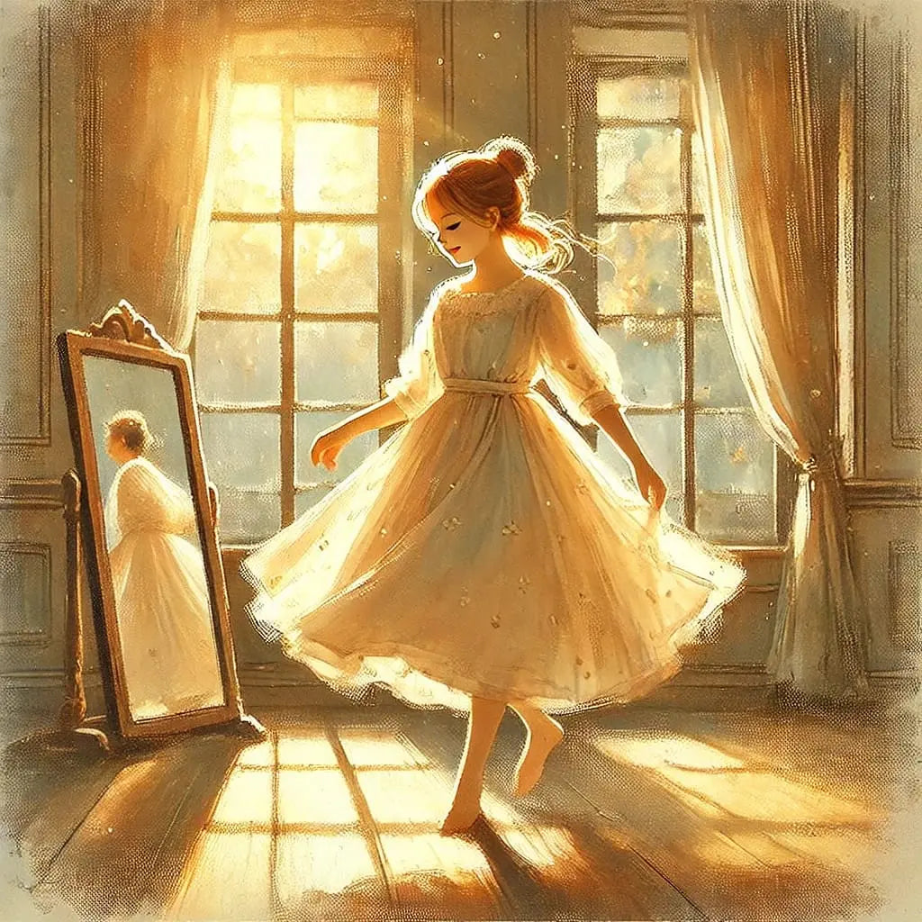 Balletttänzerin betrachtet ihr Spiegelbild in einem sonnendurchfluteten Raum – poetisch.