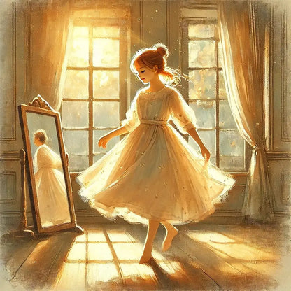 Balletttänzerin betrachtet ihr Spiegelbild in einem sonnendurchfluteten Raum – poetisch.