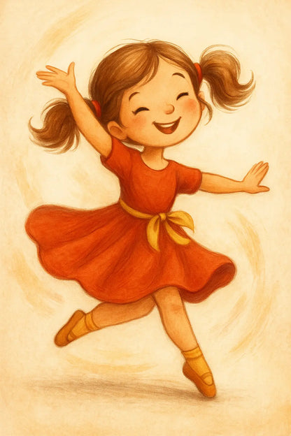 Fröhliches tanzendes Kind mit Zöpfen in einem roten Kleid und gelber Schleife – Illustration im warmen Kinderbuchstil mit weichen Linien.