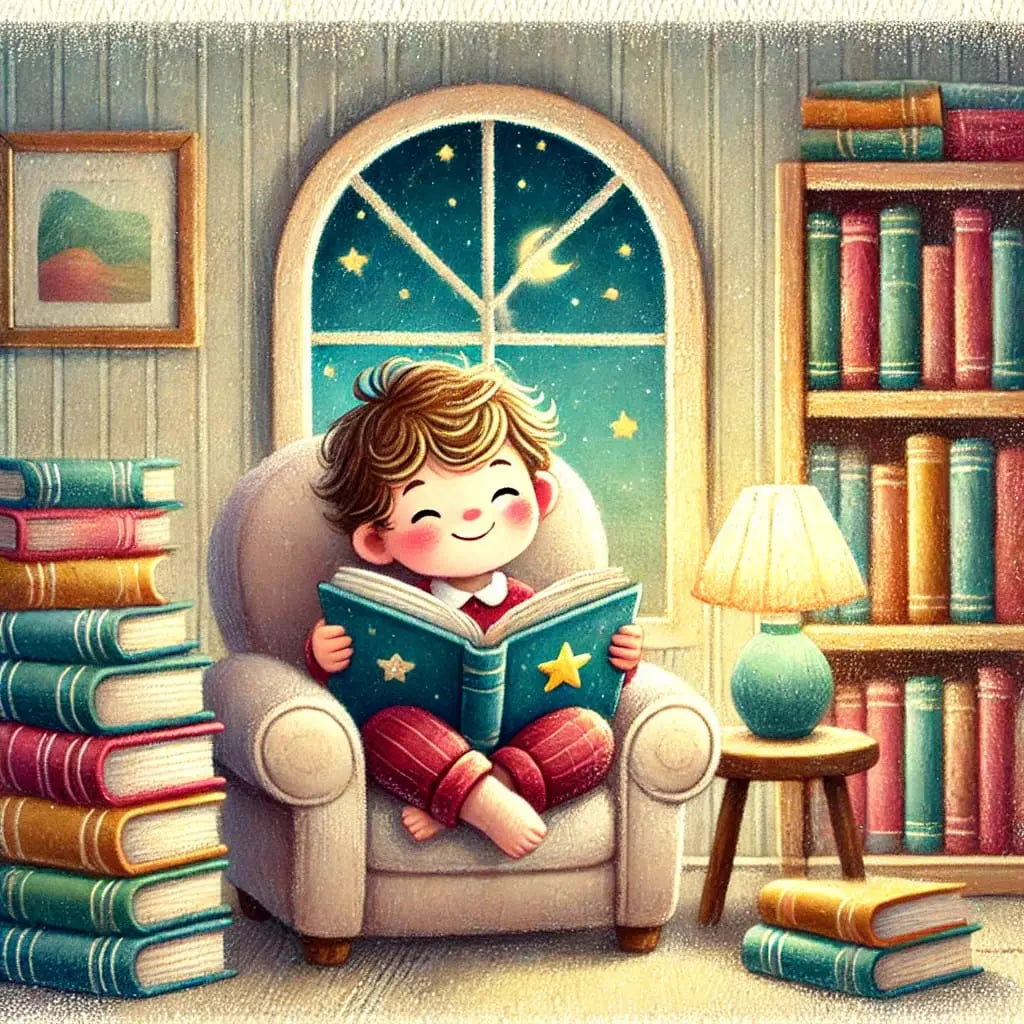 Mädchen sitzt gemütlich auf einem Sessel und liest ein Buch.