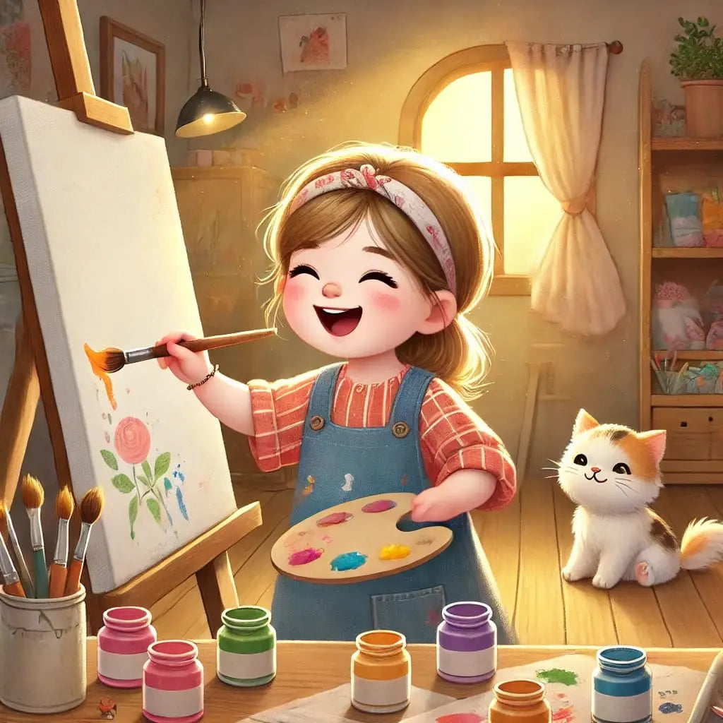 Mädchen mit Hund malt fröhlich in einem Bastelzimmer.