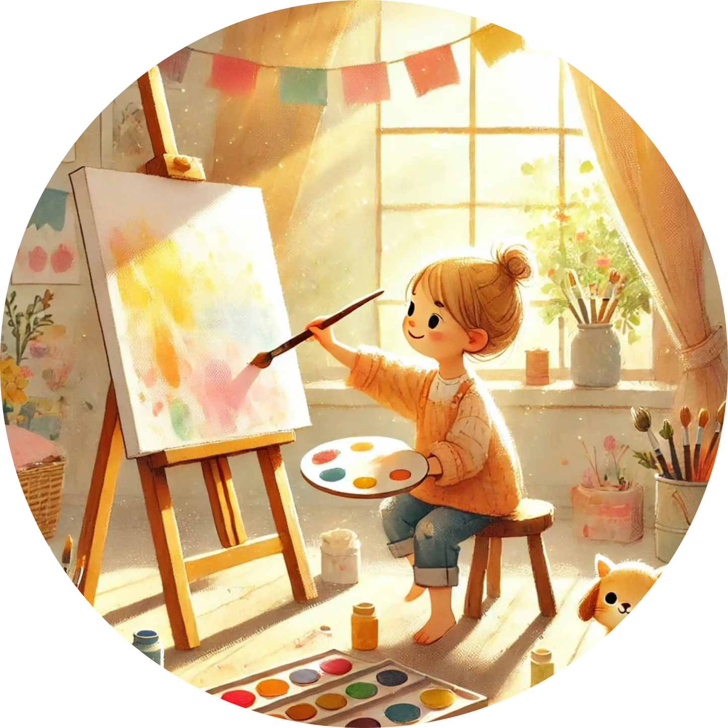 Mädchen malt mit Pinseln an einer Staffelei – kreative Szene im Atelier