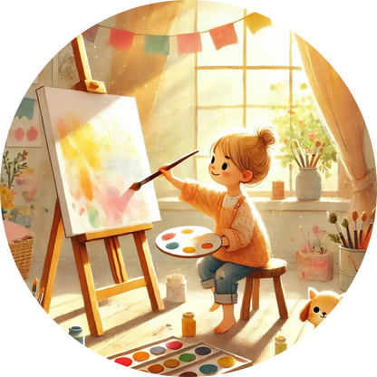 Mädchen malt mit Pinseln an einer Staffelei – kreative Szene im Atelier