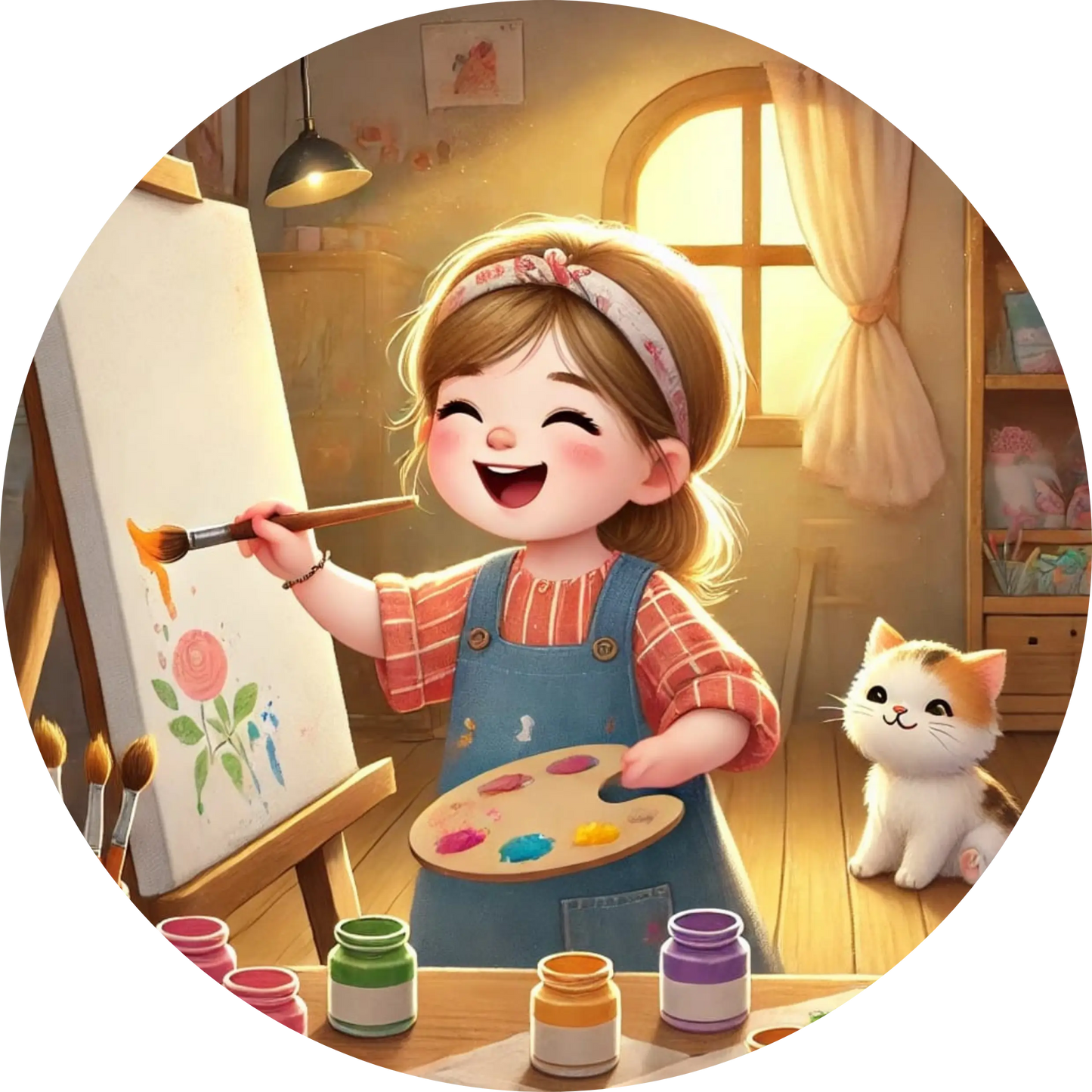 Mädchen malt an einer Staffelei im Kinderzimmer – kreative Szene mit Pinseln, Farben und Gemälden