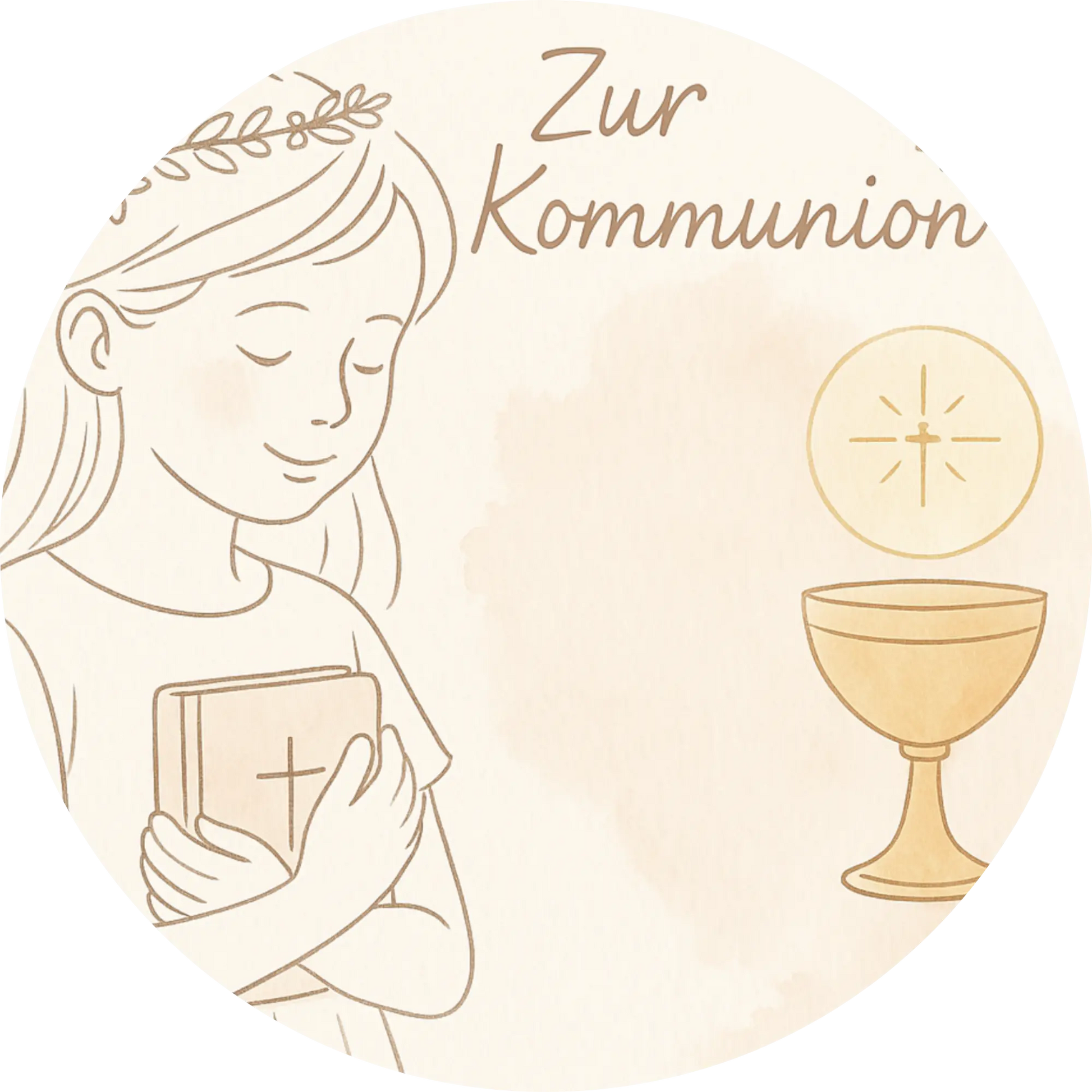 Mädchen mit Kelch und Bibel, Text „Zur Kommunion“
