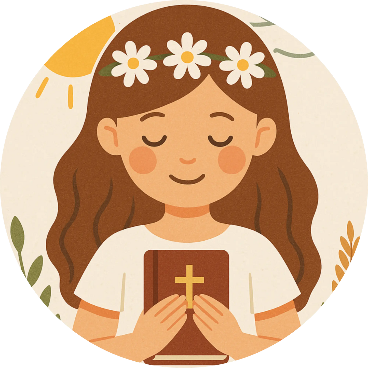 Mädchen mit Blumenkranz und Kreuz – betendes Kind zur Kommunion