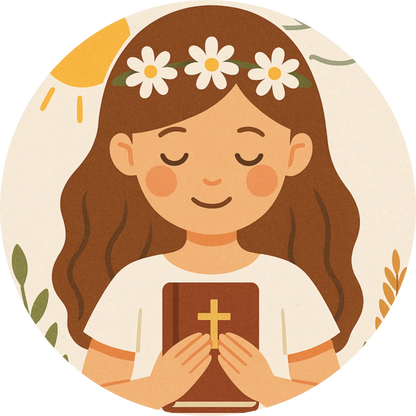 Mädchen mit Blumenkranz und Kreuz – betendes Kind zur Kommunion