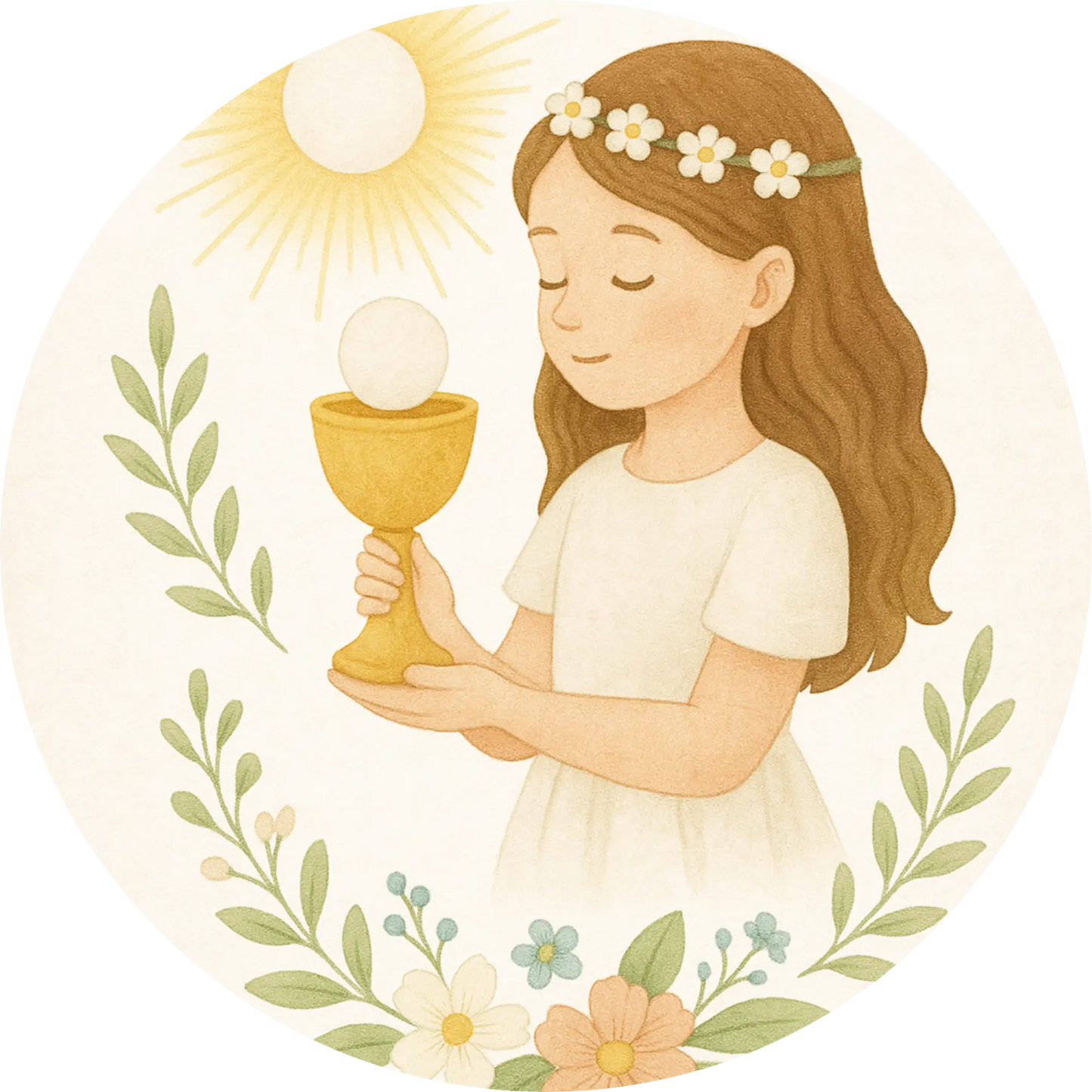 Mädchen mit Kelch und Blumenkranz – festliches Kommunionsdesign