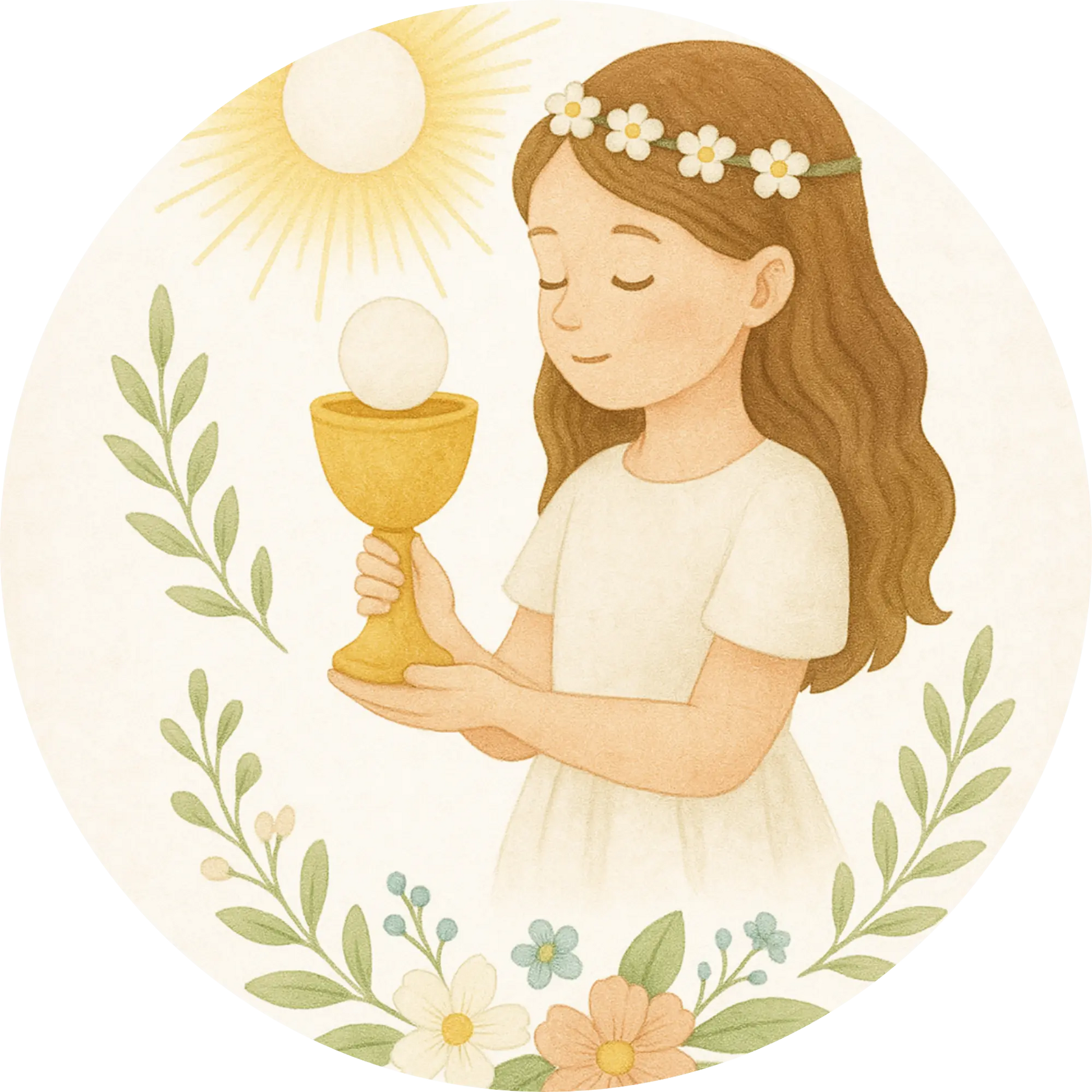 Mädchen mit Kelch und Blumenkranz – festliches Kommunionsdesign