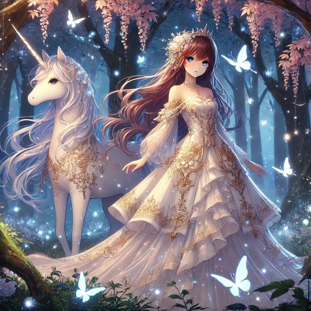 Fantasievolle Szene mit einem Manga-Mädchen im weißen Kleid neben einem weißen Einhorn.