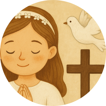 Mädchen mit Kreuz, Taube und Blumen – warmes Design zur Erstkommunion