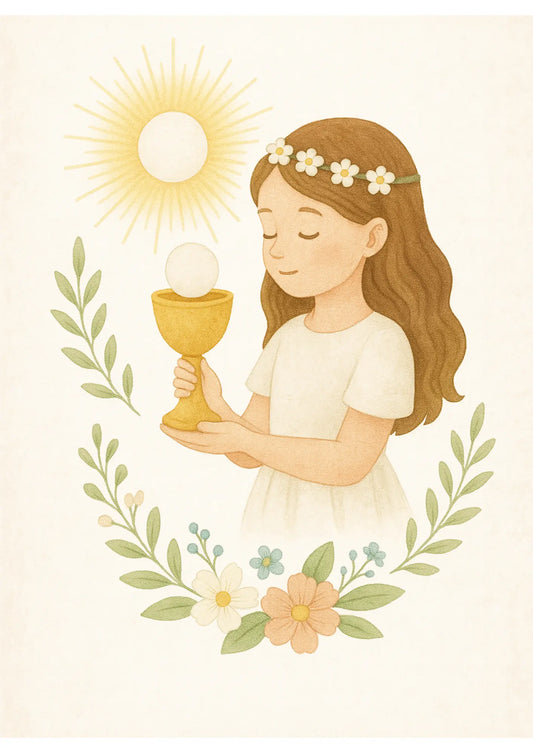 Mädchen mit Hostie in den Händen, Sonnenstrahlen und Blumenkranz im Hintergrund – zartes Motiv zur Erstkommunion