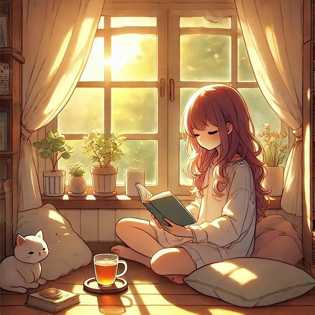 Manga-Mädchen liest bei Tageslicht in einem gemütlichen Zimmer mit Katze am Fenster.