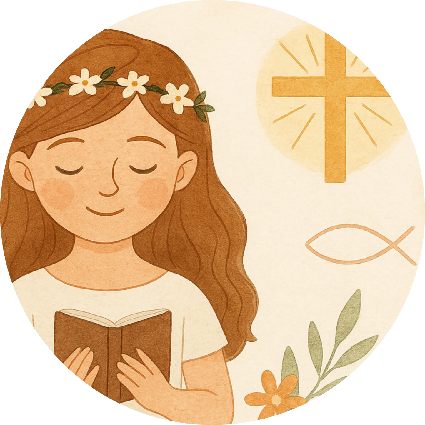 Mädchen mit Kreuz, Bibel und christlichen Symbolen – Kommunion-Motiv