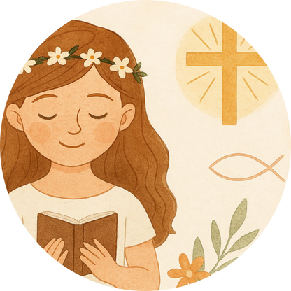 Mädchen mit Kreuz, Bibel und christlichen Symbolen – Kommunion-Motiv