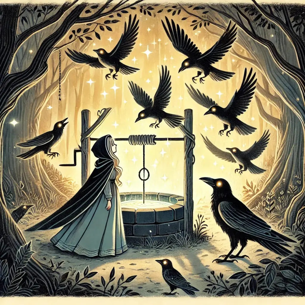 Mädchen mit Raben im Wald. Im Hintergrund ist ein Brunnen zu sehen und leuchtende Sterne.