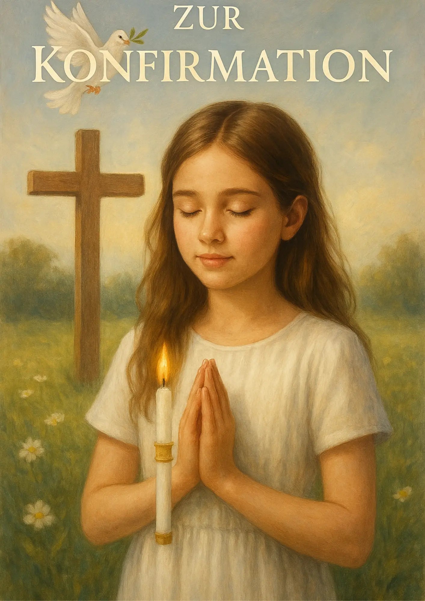 Skizzenhafte Illustration eines Kommunionmädchens mit Kelch, Kreuz und Hostie