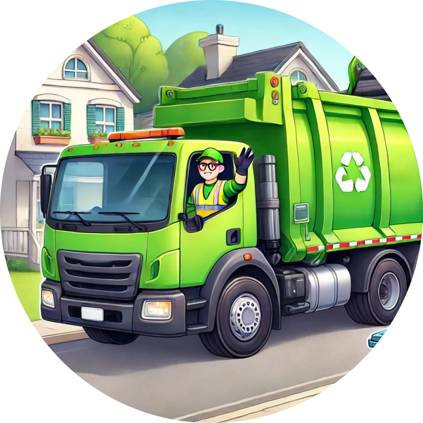 Grüner Müllwagen auf einer Straße, Recycling-Symbol sichtbar.