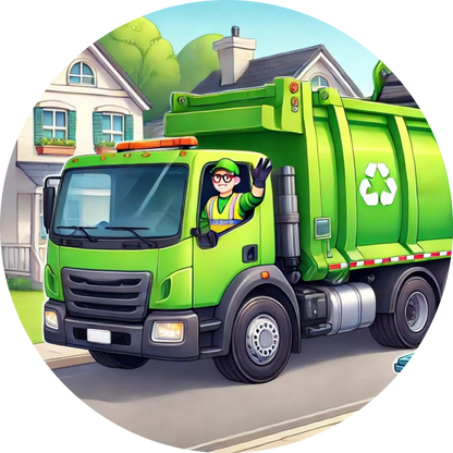 Grüner Müllwagen auf einer Straße, Recycling-Symbol sichtbar.