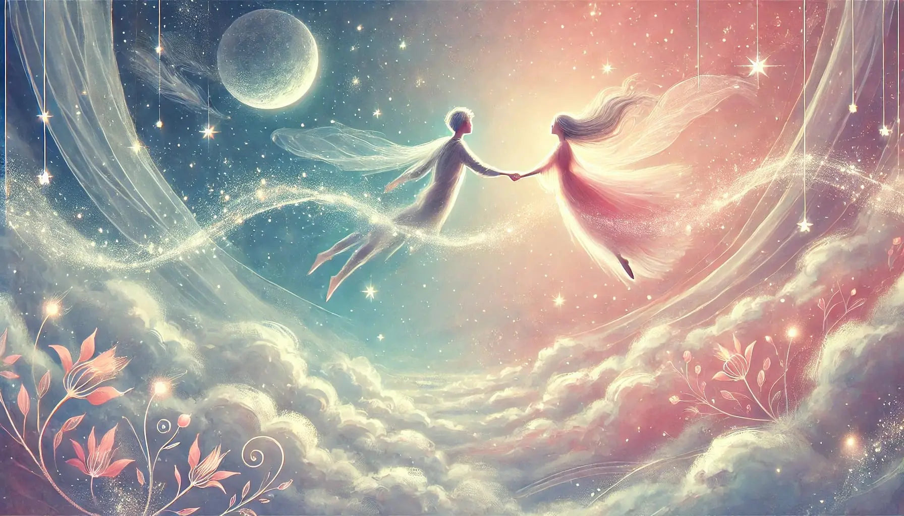 Zart leuchtende Illustration eines schwebenden Feenpaares über den Wolken – magisch-romantische Szene im Sternenhimmel.