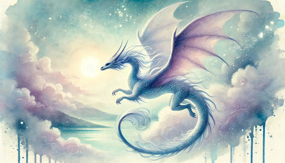 Zart blauer Wasserdrache, Aquarellstil, fliegt ruhig durch neblige Märchenlandschaft