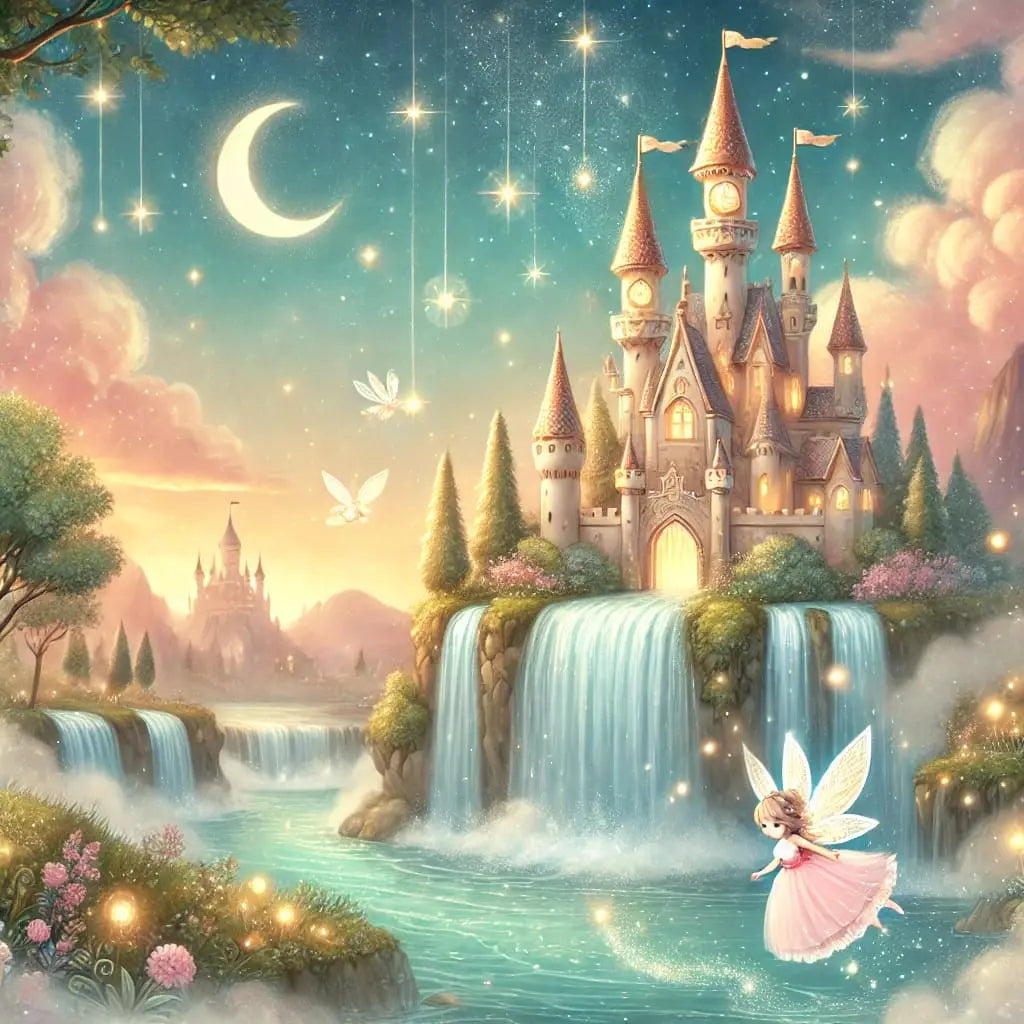 Ein märchenhaftes Schloss thront über Wasserfällen, leuchtende Elfen fliegen im Himmel, eine Fee steht am Rand.