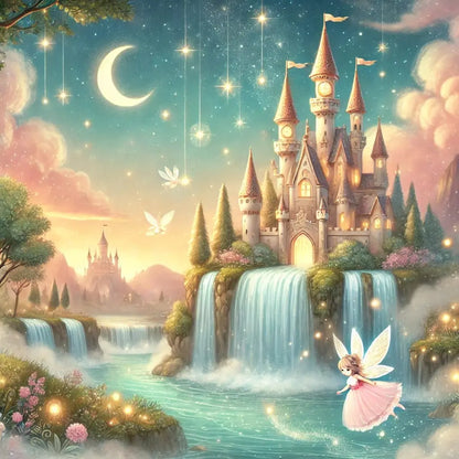 Ein märchenhaftes Schloss thront über Wasserfällen, leuchtende Elfen fliegen im Himmel, eine Fee steht am Rand.