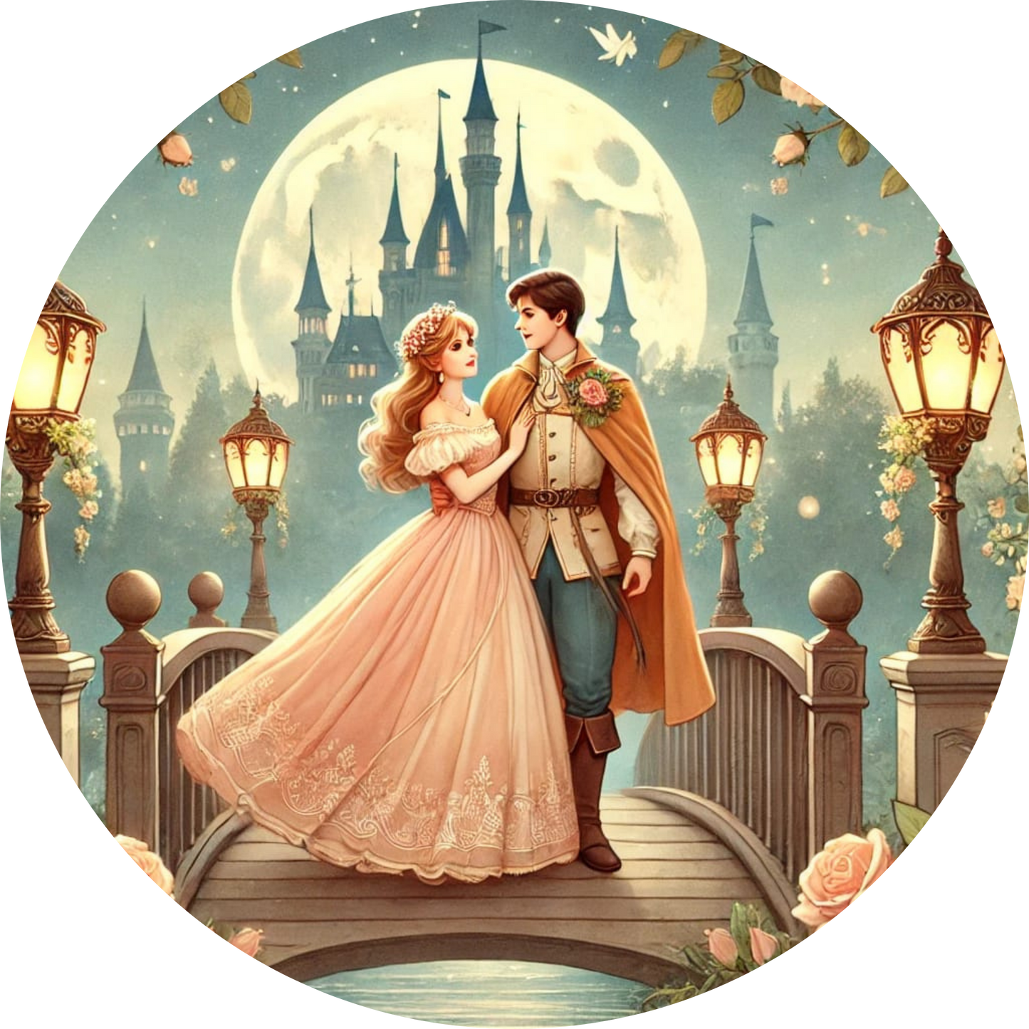 Romantisches Märchenpaar tanzt vor einem leuchtenden Schloss bei Abenddämmerung