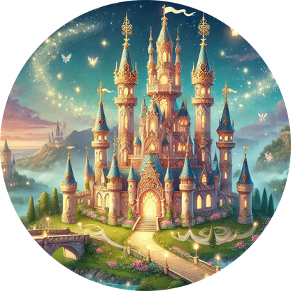 Märchenschloss mit beleuchteten Türmen bei Sonnenuntergang
