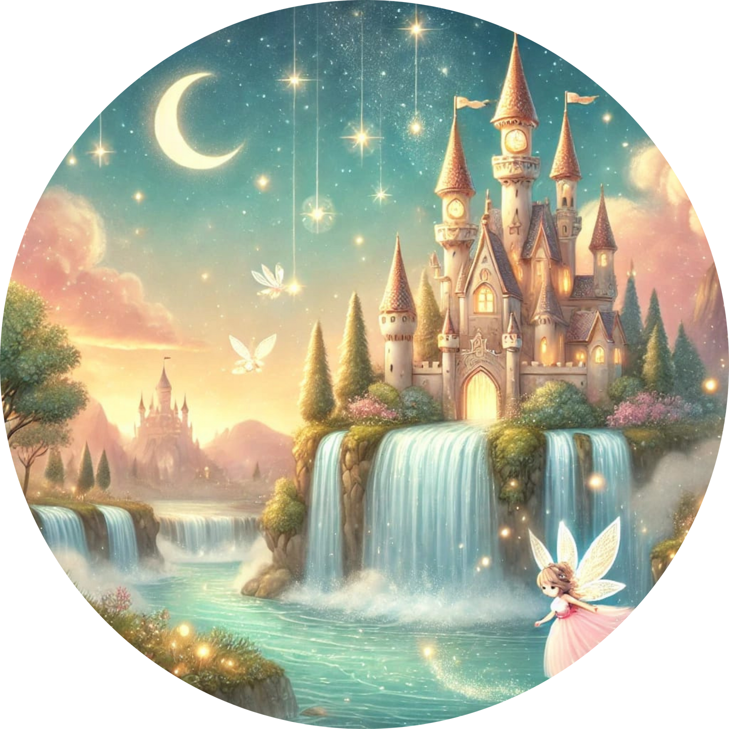 Märchenschloss bei Nacht, umgeben von Wasserfall und Hügeln im Mondlicht