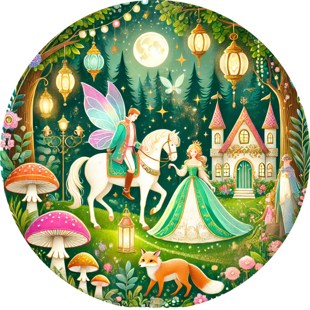 Fantasievolle Märchenszene mit Feen, Einhörnern und Häusern im Wald