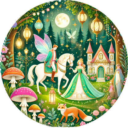Fantasievolle Märchenszene mit Feen, Einhörnern und Häusern im Wald