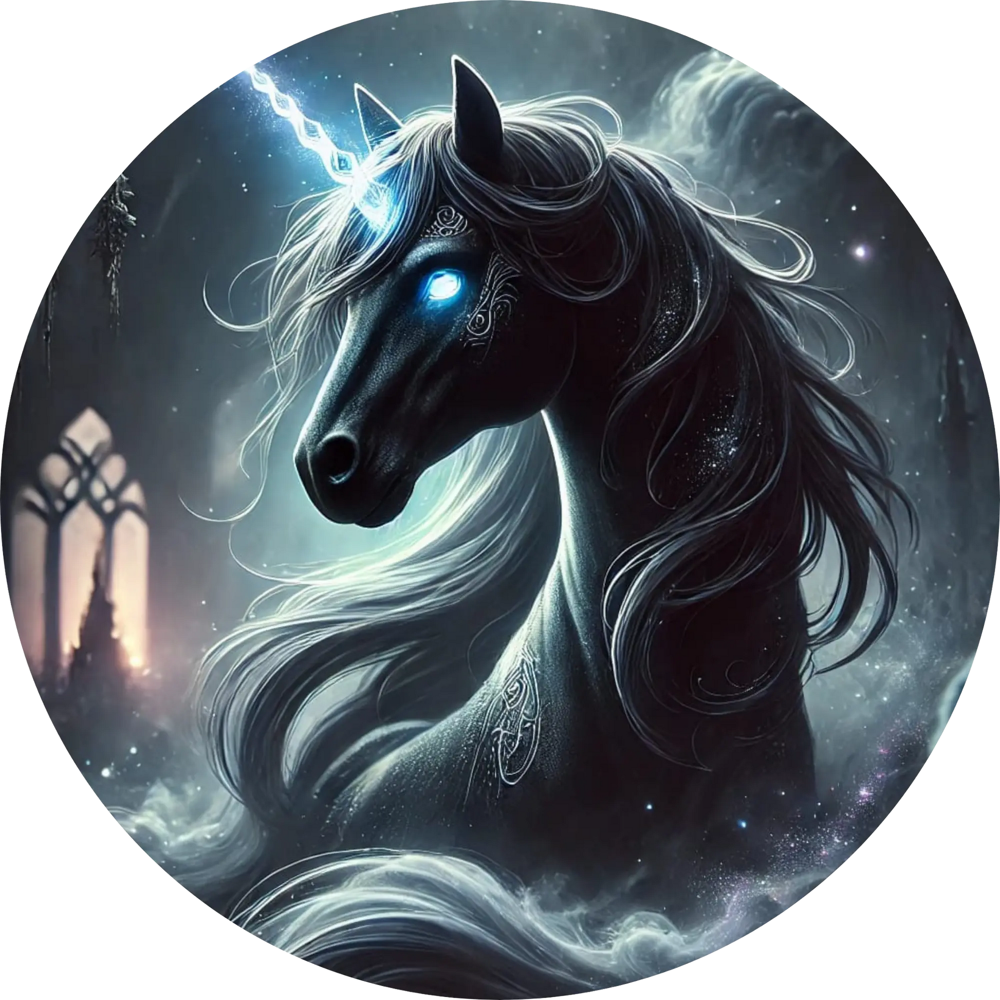 Mystisches schwarzes Einhorn mit kühlem Blick in dunklem Licht