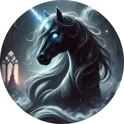 Mystisches schwarzes Einhorn mit kühlem Blick in dunklem Licht