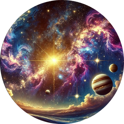 Magische Galaxie mit Planeten, Nebeln und leuchtenden Sternen auf dunklem Hintergrund