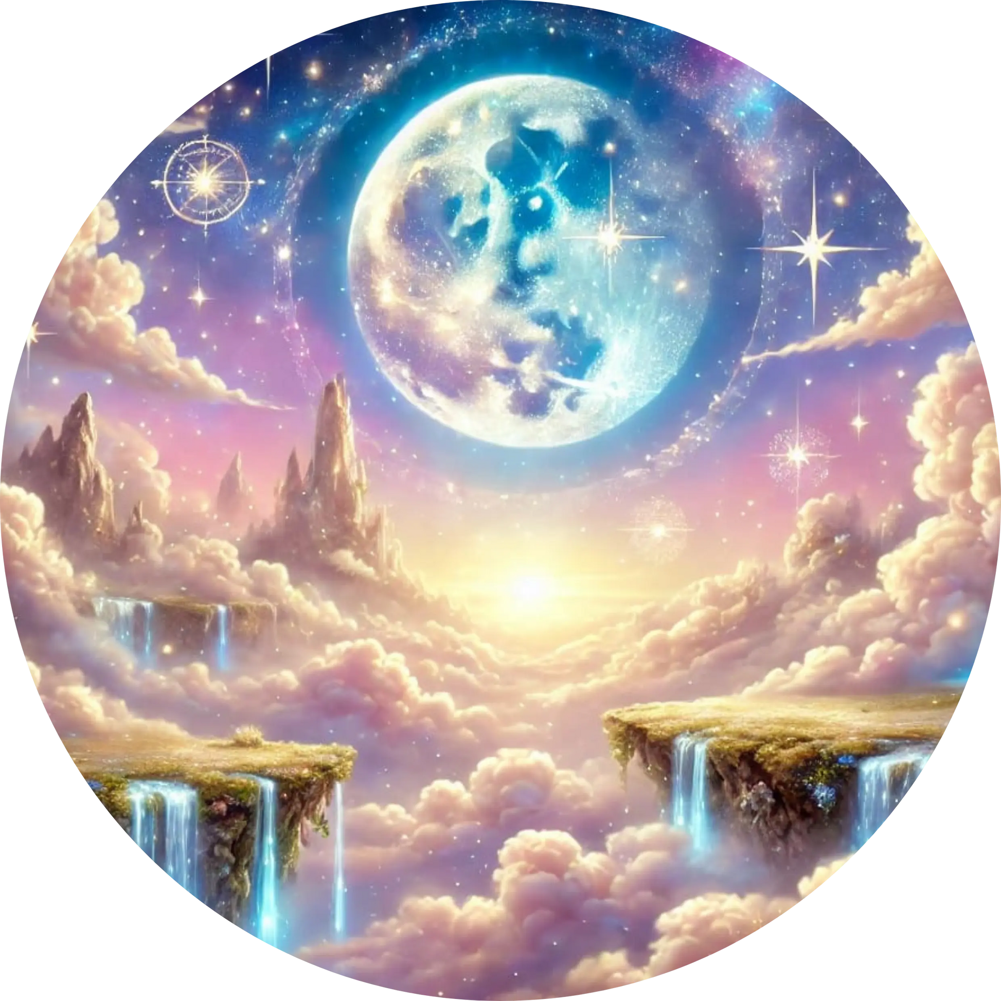 Verträumter Himmel mit Mond, Sternen und fliegenden Plattformen – pastellfarben