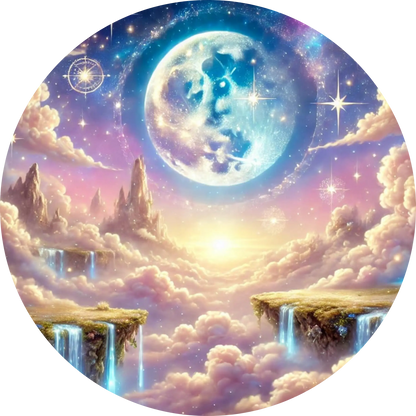 Verträumter Himmel mit Mond, Sternen und fliegenden Plattformen – pastellfarben