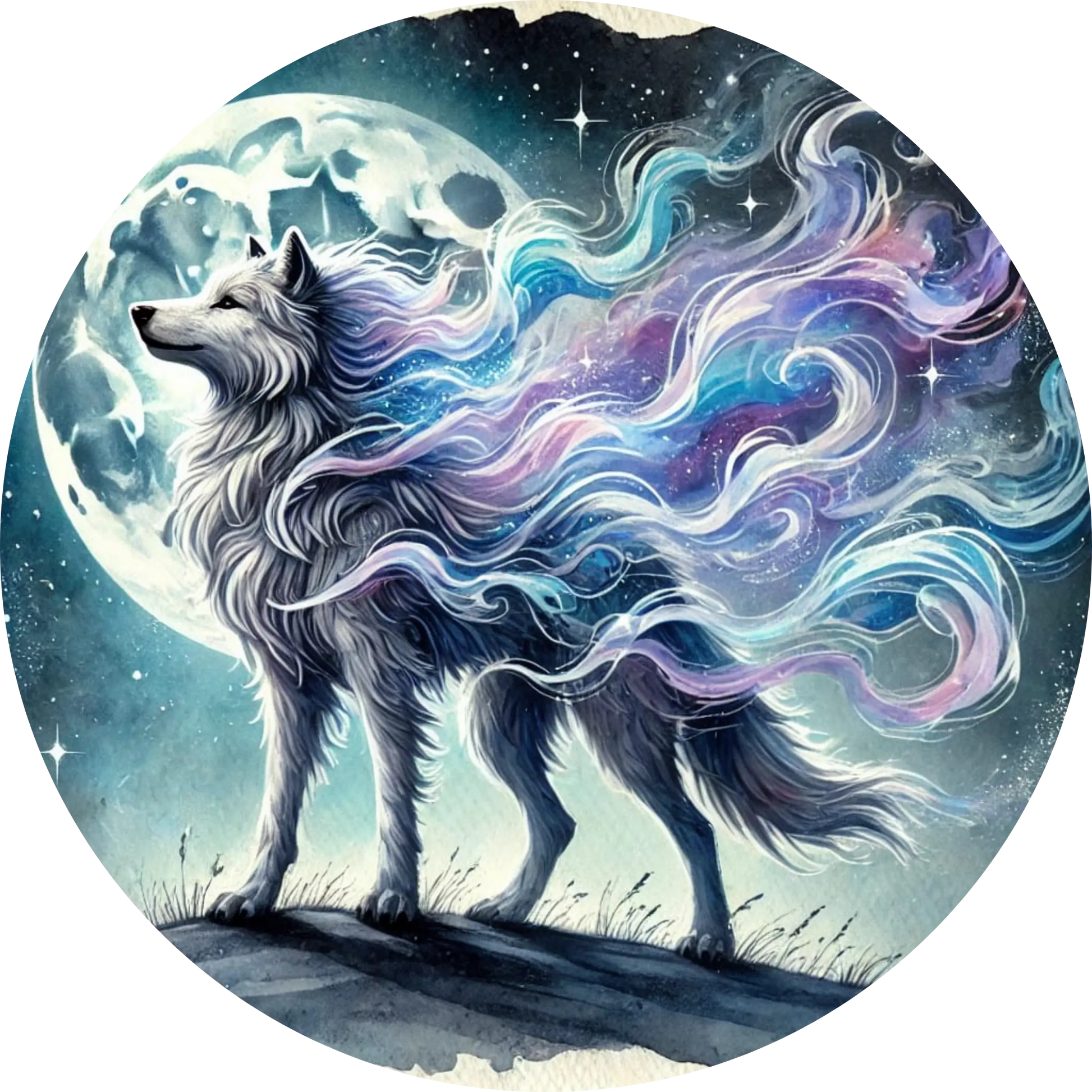 Magischer Wolf mit leuchtendem blauen Fell im nebeligen Wald