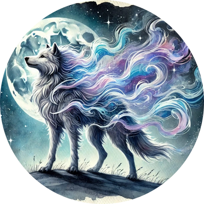 Magischer Wolf mit leuchtendem blauen Fell im nebeligen Wald