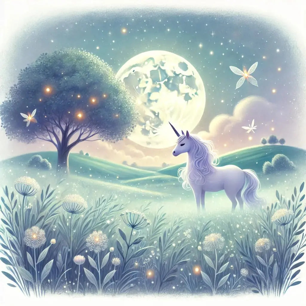 Einhorn bei Vollmond zwischen Blumen und Nebel – verträumte, magische Szene.