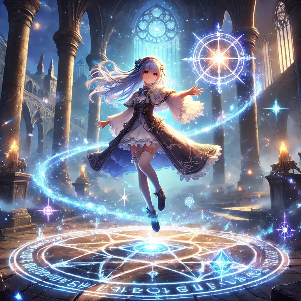 Magisches Mädchen in Zauberkreis
Alt-Text: Eine Anime-Zauberin steht in einem leuchtenden Zauberkreis und entfesselt magische Kräfte.