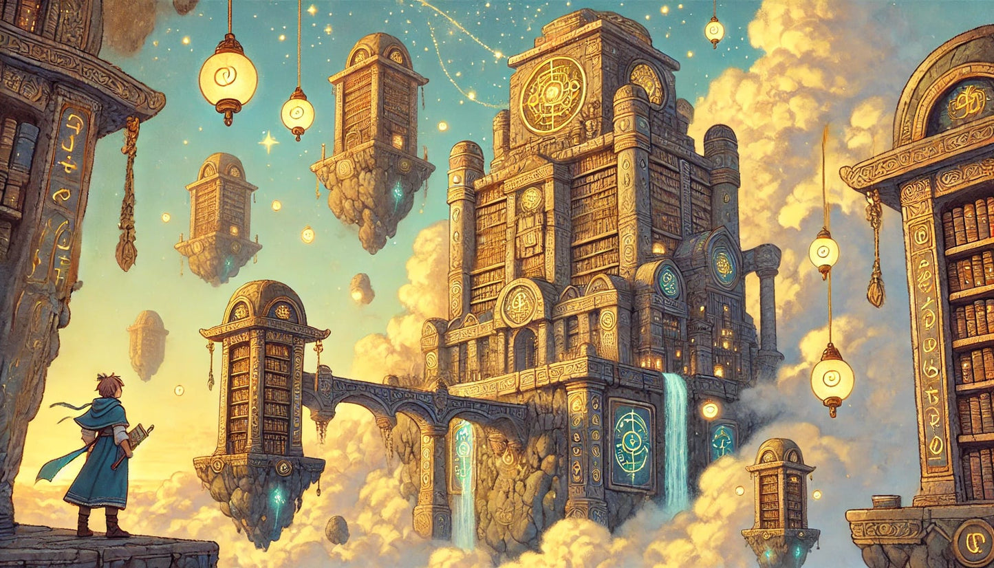 Goldener Bibliothekspalast auf fliegender Insel in einem galaktischen Himmel.