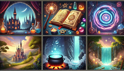 Fantasiewelt-Collage mit Schloss, Zauberbuch und Energie-Symbolen.