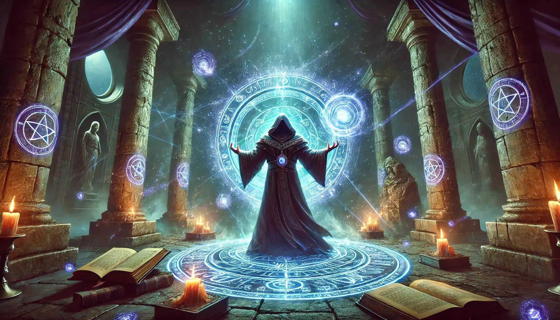 Hoodierter Magier steht in einem leuchtenden Zauberkreis, umgeben von magischen Symbolen und Pentagrammen – imposante Fantasy-Szene in antikem Tempel mit mystischem Licht und schwebenden Runenkugeln.